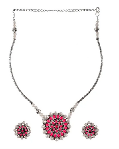 Oxidised Round Single Flower Moti Necklace - SayToLove - Jewelry Store