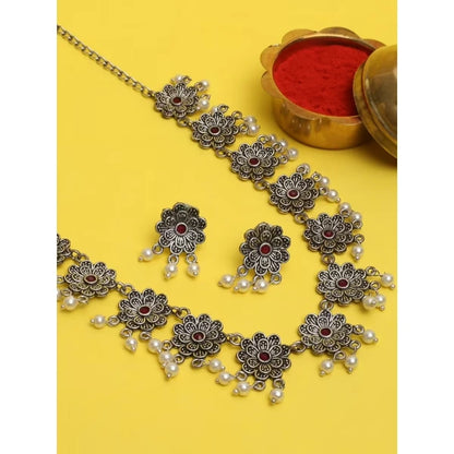 Oxidised Silver Look Alike Maroon Stones &amp; Pearls Floral Choker Necklace Set