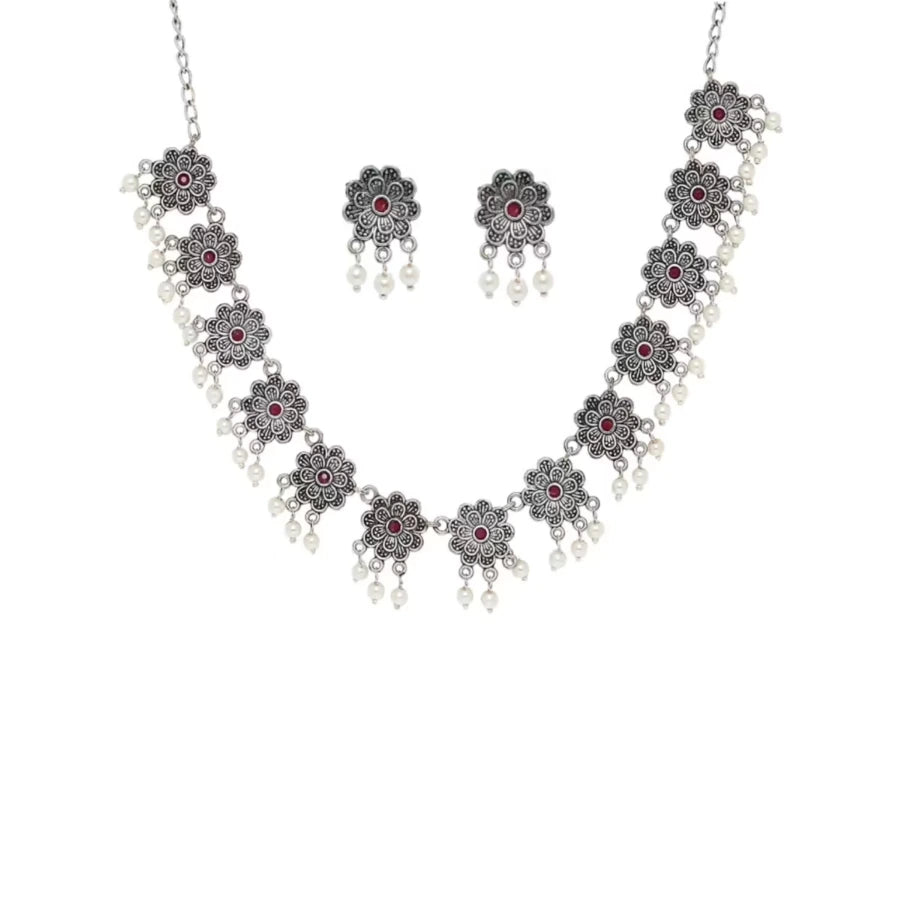 Oxidised Silver Look Alike Maroon Stones &amp; Pearls Floral Choker Necklace Set - SayToLove - Jewelry Store