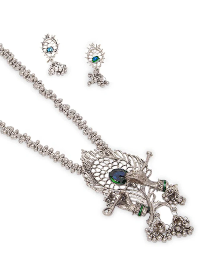 Oxidised Silver Stone-Studded Necklace with Earrings Set
