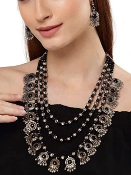 German Silver Stone-Studded Layered Necklace