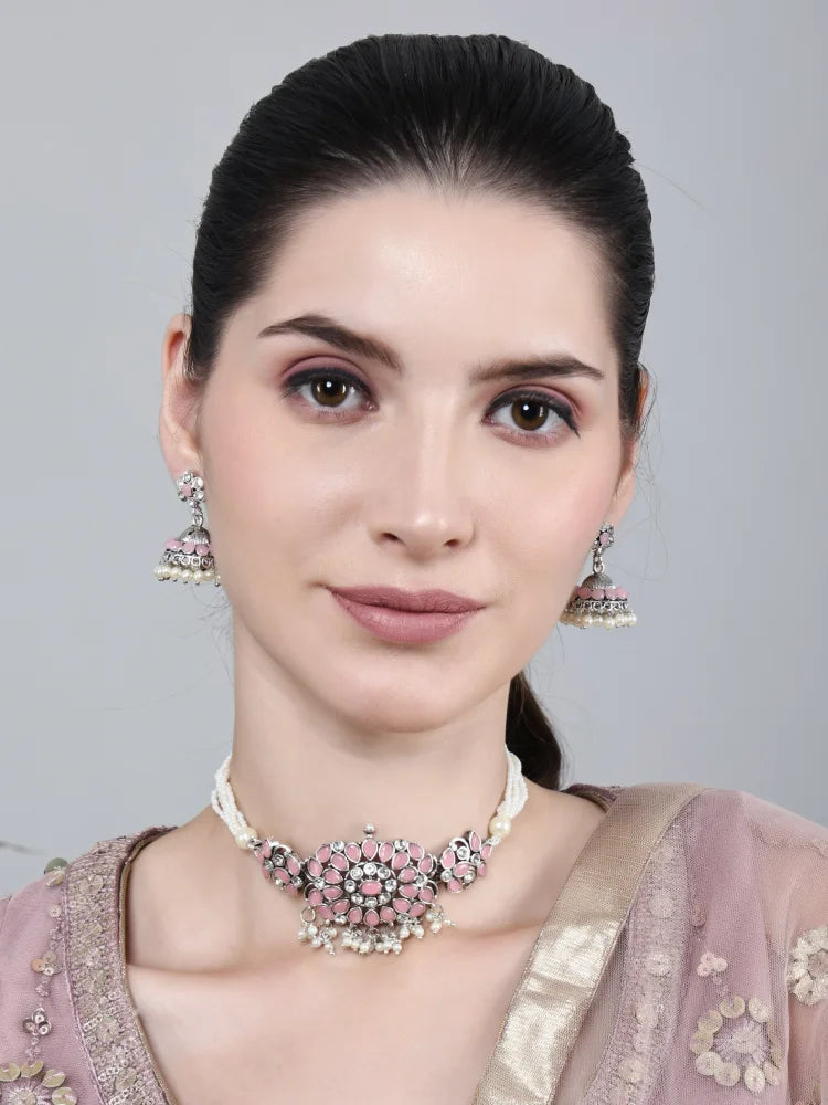 Stone-Studded Necklace &amp; Earrings Set Pink