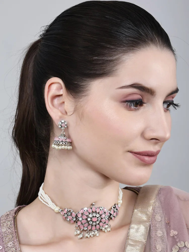 Stone-Studded Necklace &amp; Earrings Set Pink - SayToLove - Jewelry Store