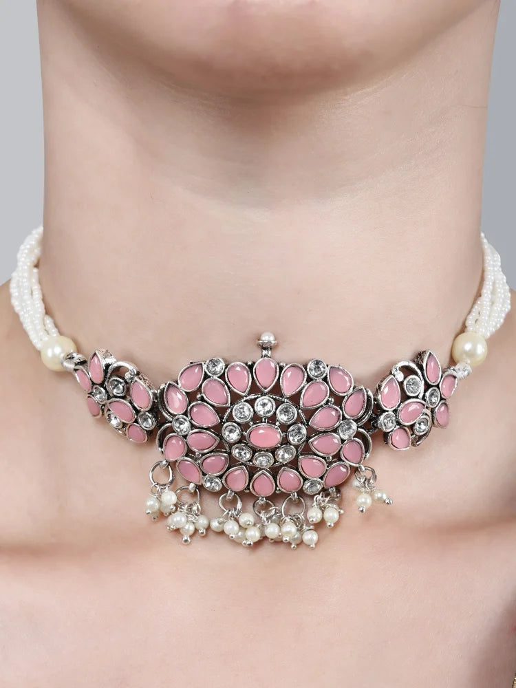 Stone-Studded Necklace &amp; Earrings Set Pink - SayToLove - Jewelry Store