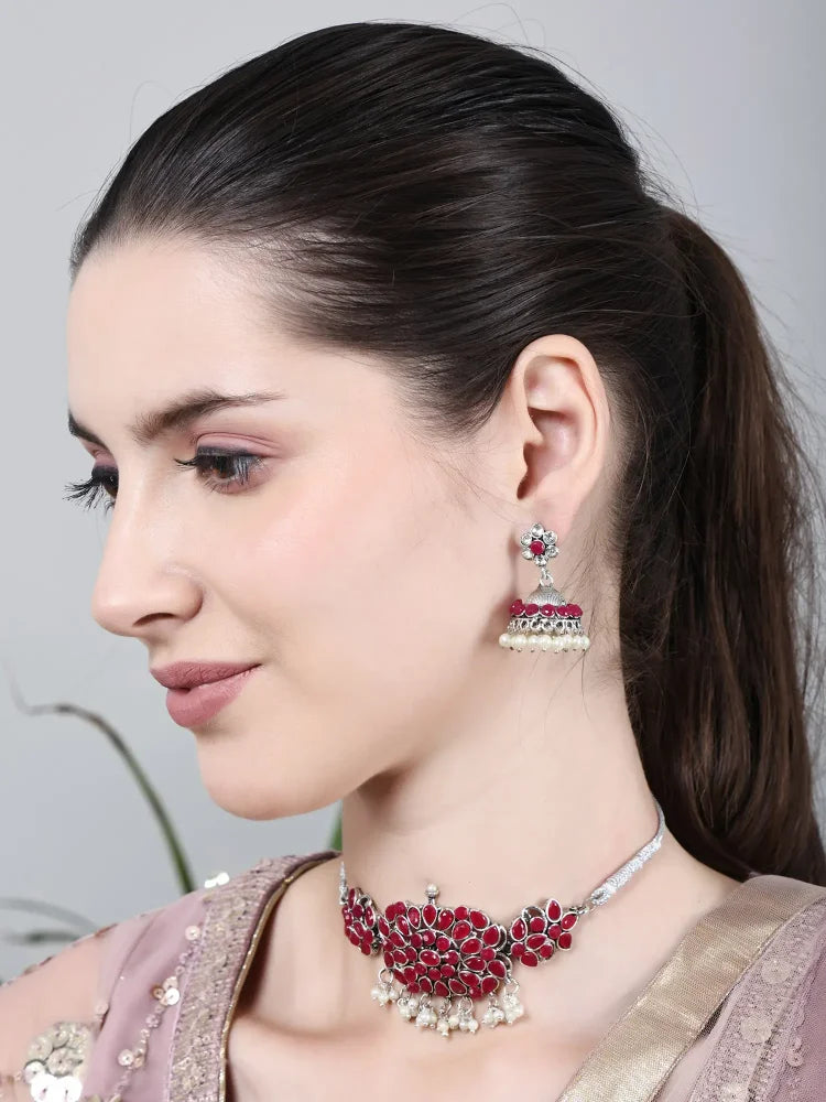 Stone-Studded Necklace &amp; Earrings Pink Set - SayToLove - Jewelry Store