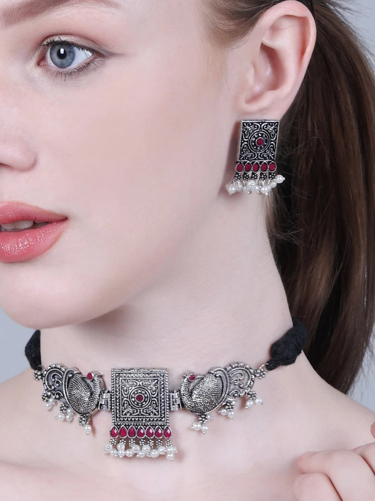 Peacock Choker Necklace Oxidised Maroon stone square - SayToLove - Jewelry Store