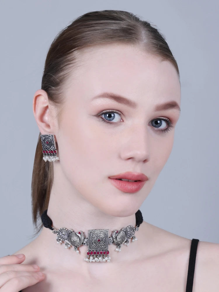 Peacock Choker Necklace Oxidised Maroon stone square - SayToLove - Jewelry Store