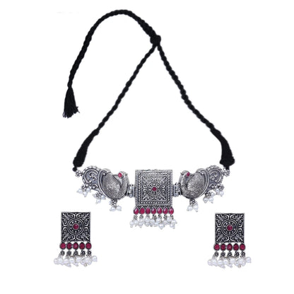 Peacock Choker Necklace Oxidised Maroon stone square - SayToLove - Jewelry Store