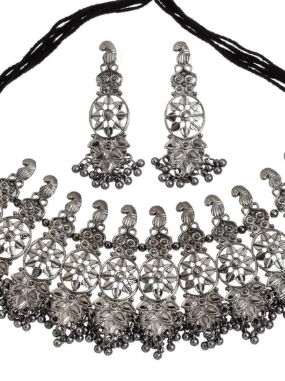 Floral-Design Oxidised Silver Necklace with Earrings Set