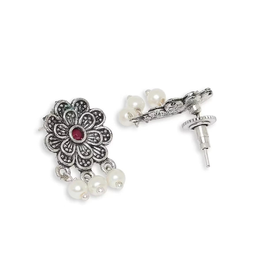 Oxidised Silver Look Alike Maroon Stones &amp; Pearls Floral Choker Necklace Set