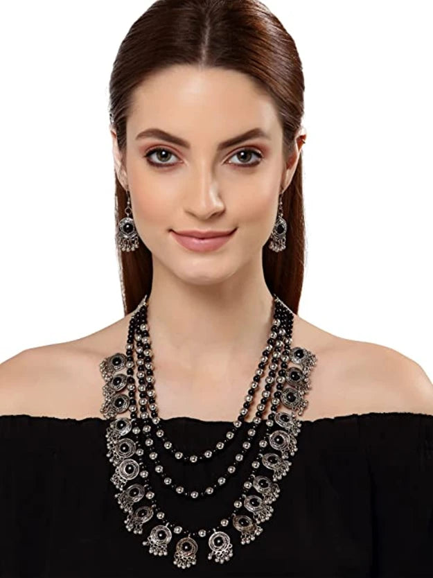 German Silver Stone-Studded Layered Necklace