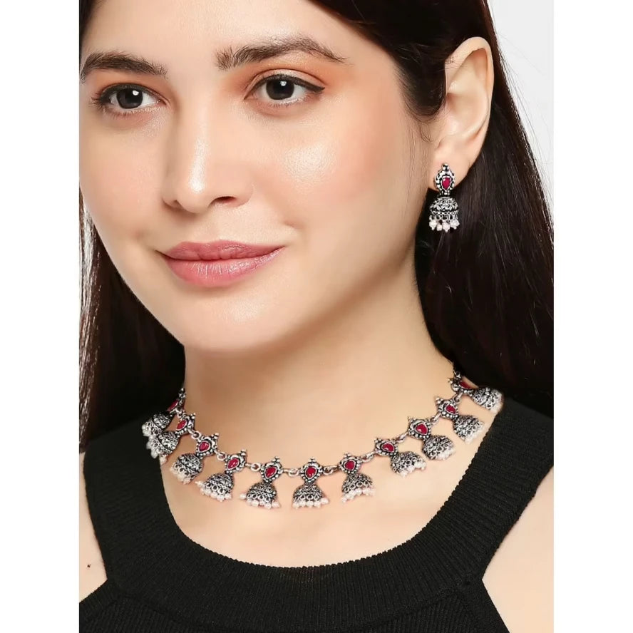 Oxidised German Silver With Maroon Stones &amp; Pearls Ethnic Choker Necklace Set - SayToLove - Jewelry Store