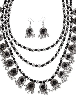 German Silver Stone-Studded Layered Necklace