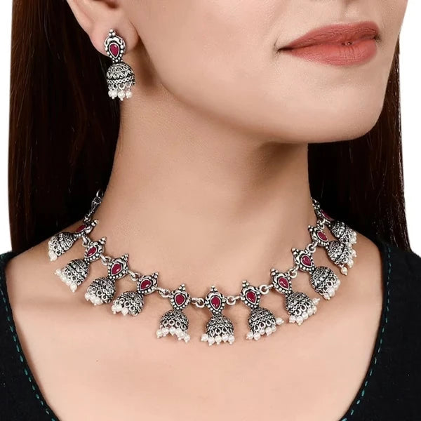 Oxidised German Silver With Maroon Stones &amp; Pearls Ethnic Choker Necklace Set - SayToLove - Jewelry Store