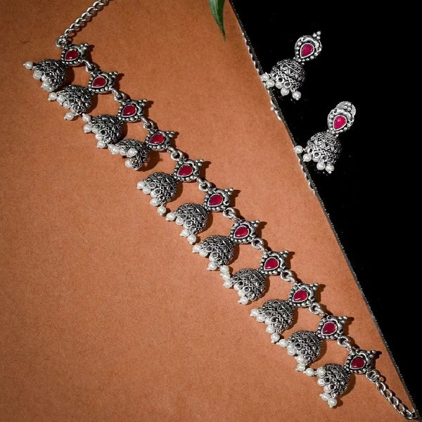 Oxidised German Silver With Maroon Stones &amp; Pearls Ethnic Choker Necklace Set - SayToLove - Jewelry Store