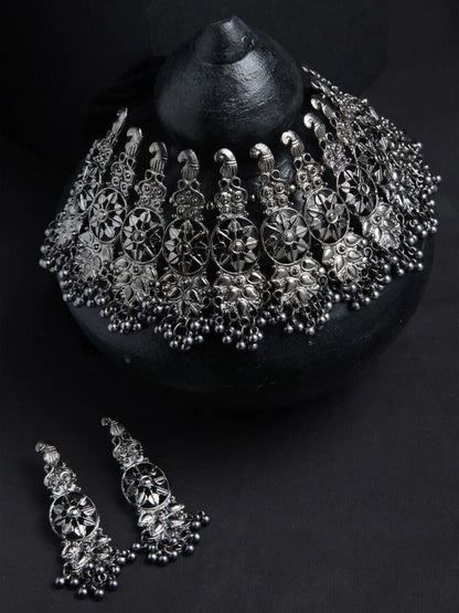 Floral-Design Oxidised Silver Necklace with Earrings Set