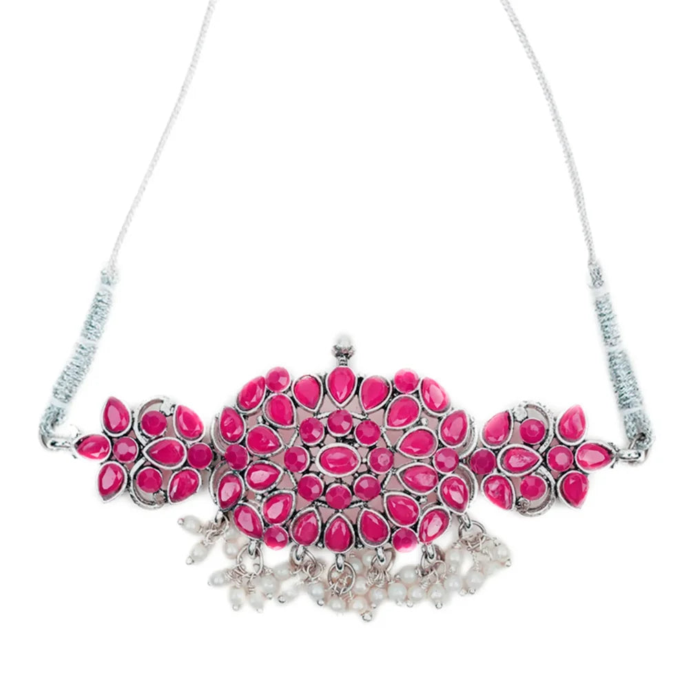 Stone-Studded Necklace &amp; Earrings Pink Set
