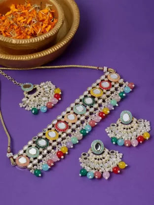 International Multi Mirror Stone-Studded Necklace &amp; Earrings Set