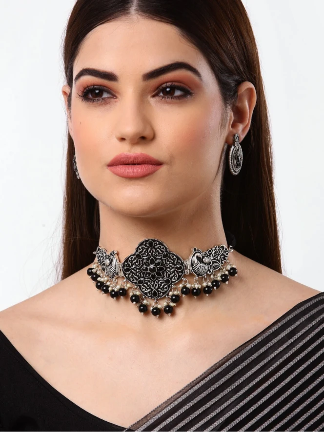 Oxidised Kundan white Stones &amp; Pearls Floral Choker Necklace Set - SayToLove - Jewelry Store