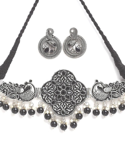 Oxidised Kundan white Stones &amp; Pearls Floral Choker Necklace Set