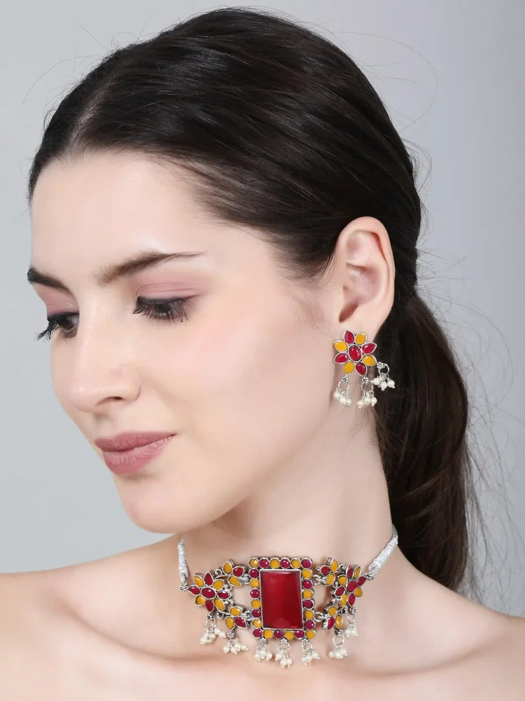 Stone-Studded Necklace &amp; Earrings Set Red Yellow - SayToLove - Jewelry Store