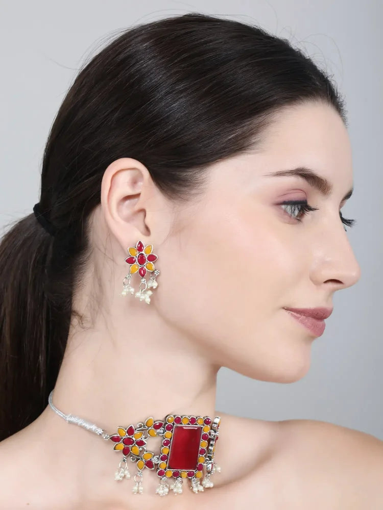 Stone-Studded Necklace &amp; Earrings Set Red Yellow - SayToLove - Jewelry Store