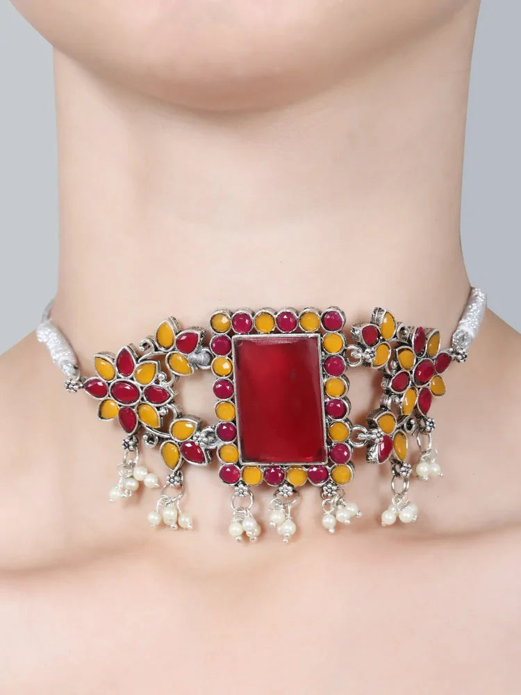 Stone-Studded Necklace &amp; Earrings Set Red Yellow - SayToLove - Jewelry Store