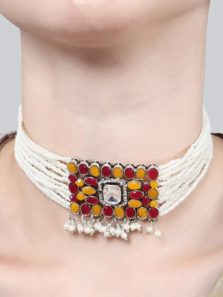 Stone-Studded Necklace &amp; Earrings Set Small Moti Orange Mahroon Square - SayToLove - Jewelry Store