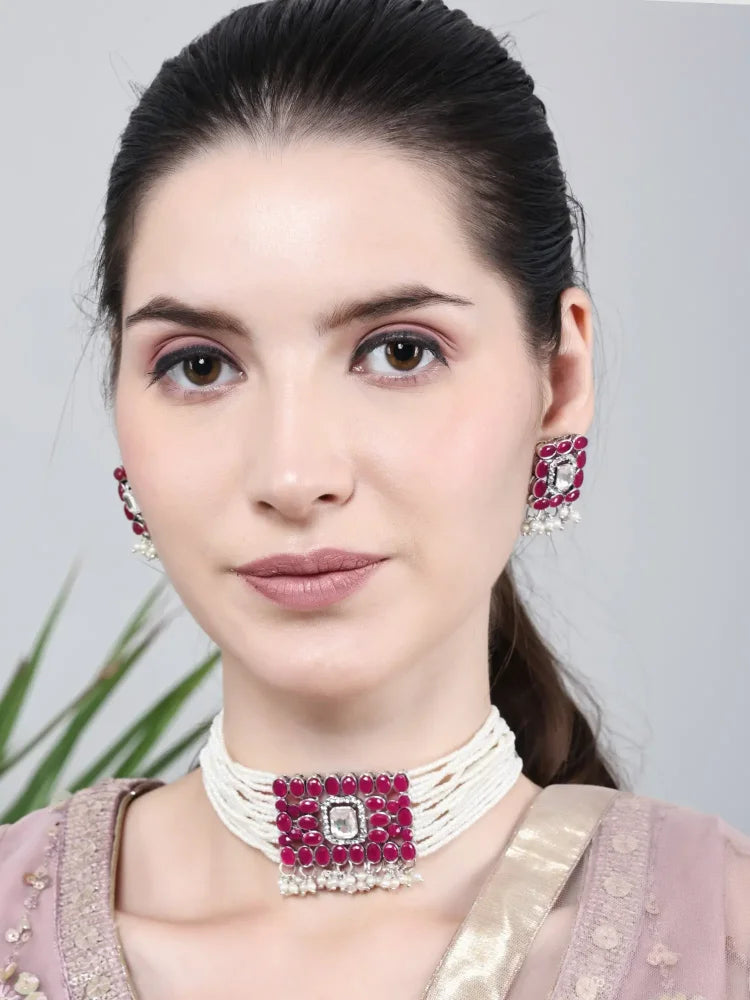 Stone-Studded Necklace &amp; Earrings Set Small Moti Mahroon Square - SayToLove - Jewelry Store