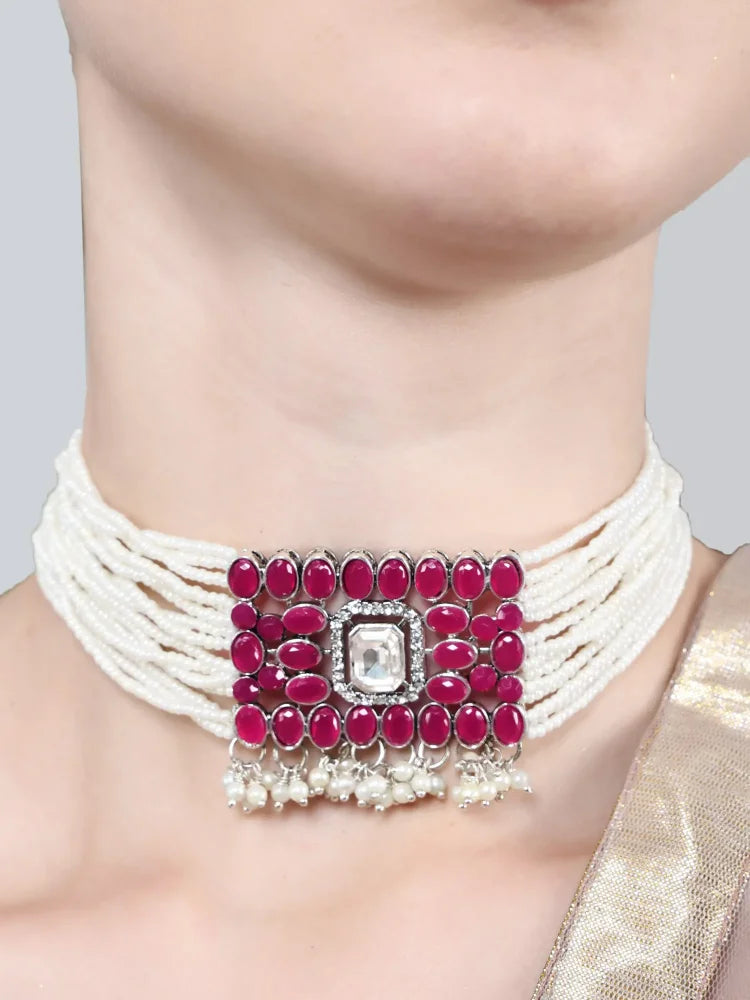 Stone-Studded Necklace &amp; Earrings Set Small Moti Mahroon Square - SayToLove - Jewelry Store