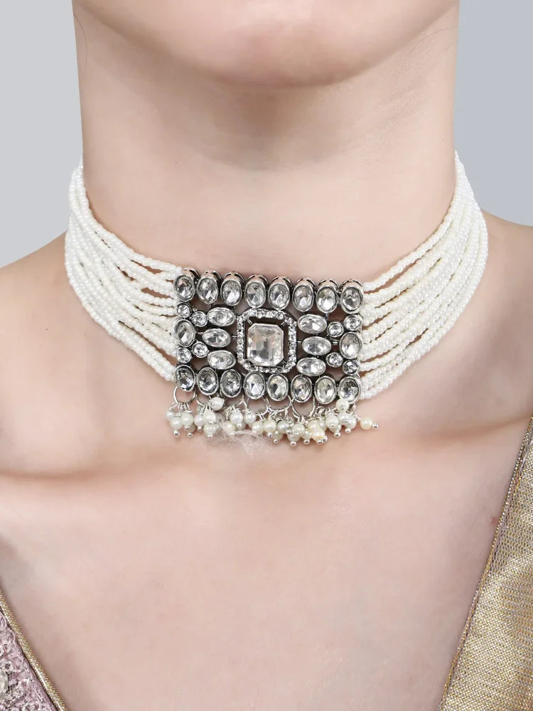 Stone-Studded Necklace &amp; Earrings Set Small Moti White Square - SayToLove - Jewelry Store