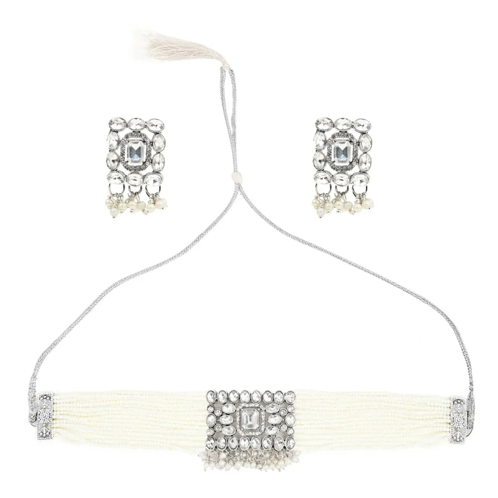 Stone-Studded Necklace &amp; Earrings Set Small Moti White Square - SayToLove - Jewelry Store